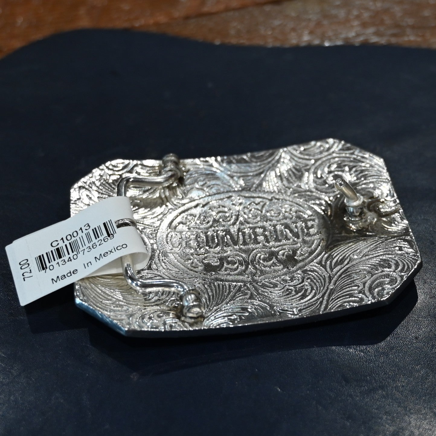 Crumrine rectangle floral bull rider belt buckle with engraved detailing, 7/8" x 3"