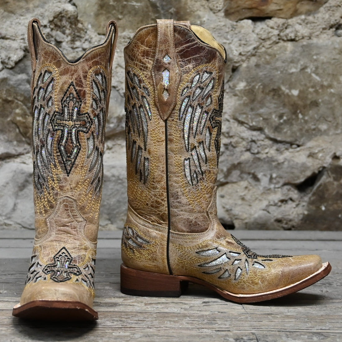 Med Sq Toe, 12&quot; Top, 1.25&quot; Roper Heel, Silver Glitter Inlay Fashion Boots view of front and side
