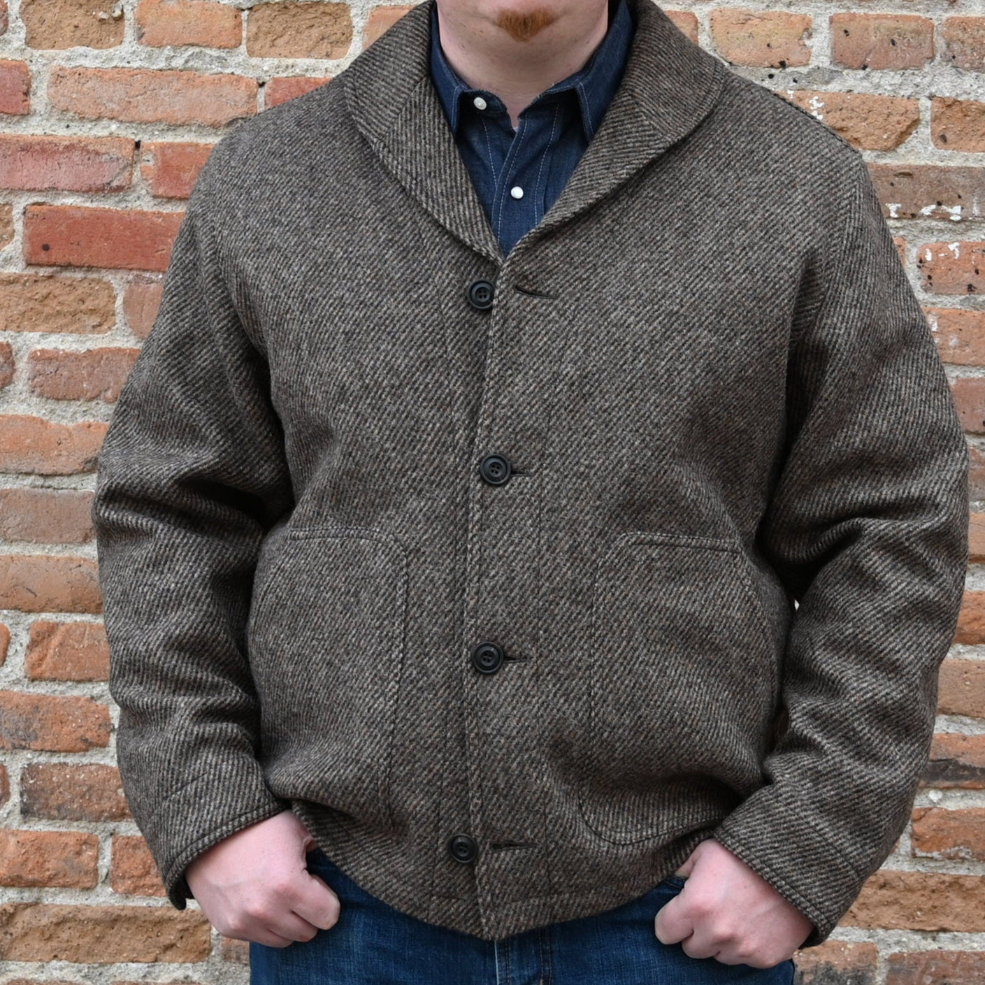 View of Filson Decatur Island Wool Jacket in Natural Brown featuring shawl collar and angled-entry patch pockets