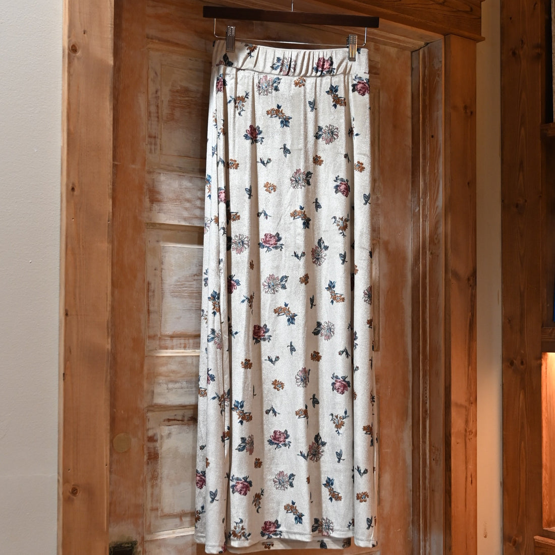 Cream velvet maxi skirt with floral print, Tasha Polizzi Niko design