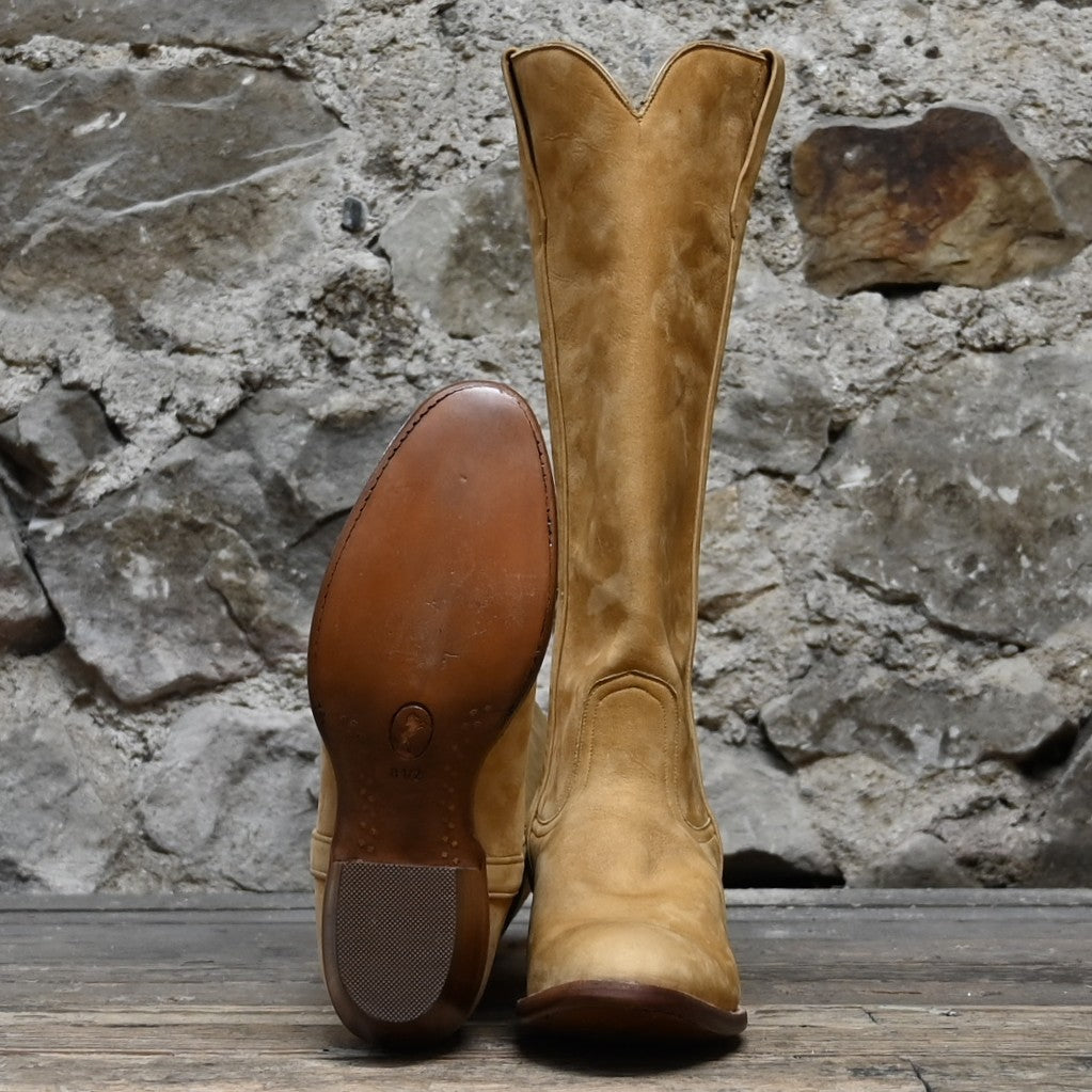 View of Stallion Ladies 16" boots in Tan Nunuck leather with B toe and stacked heel
