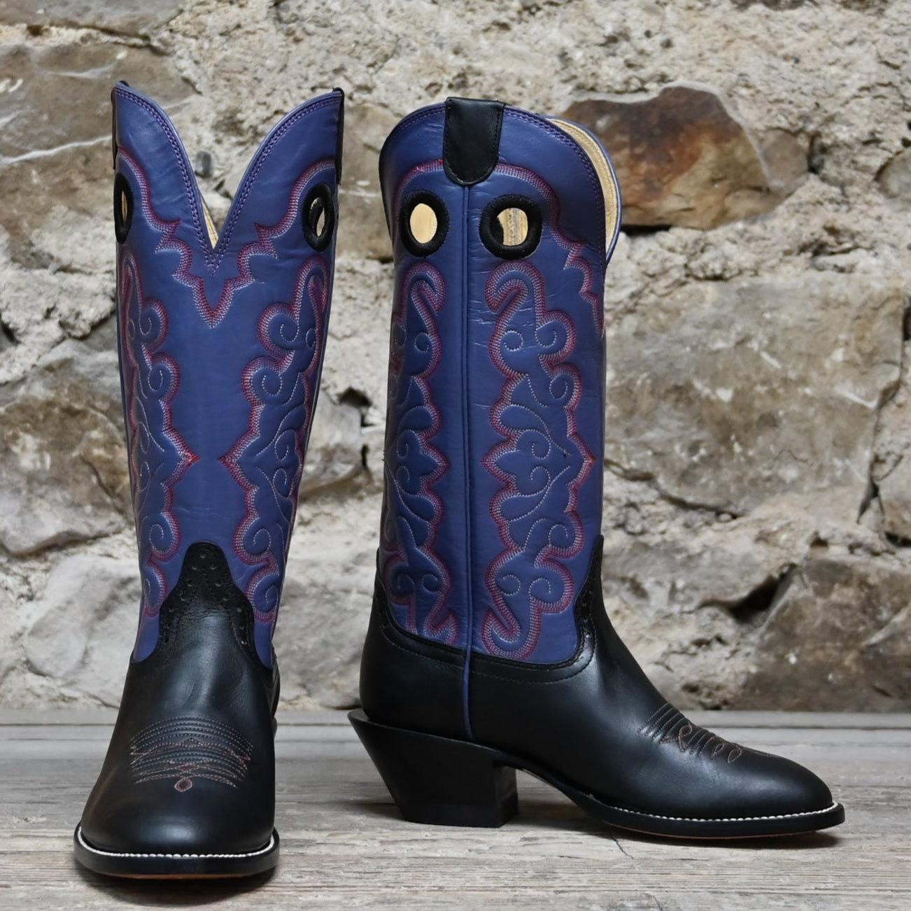 View of Hondo 14" cowboy boot with purple top, black retan vamp, medium round toe, and spur ledge