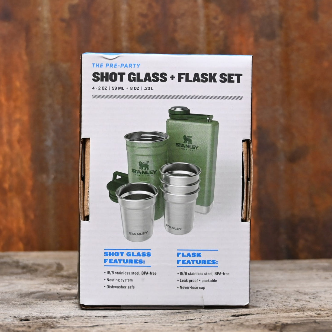 Stanley Adventure Pre-Party Shot Glass Set and Flask in Hammertone Green view of set