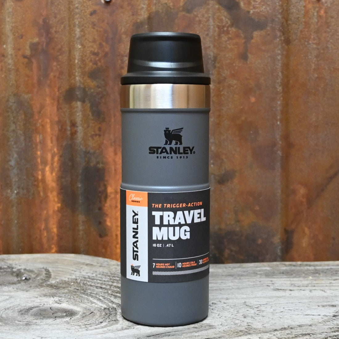 Stanley Trigger Action Travel Mug in Charcoal view of bottle