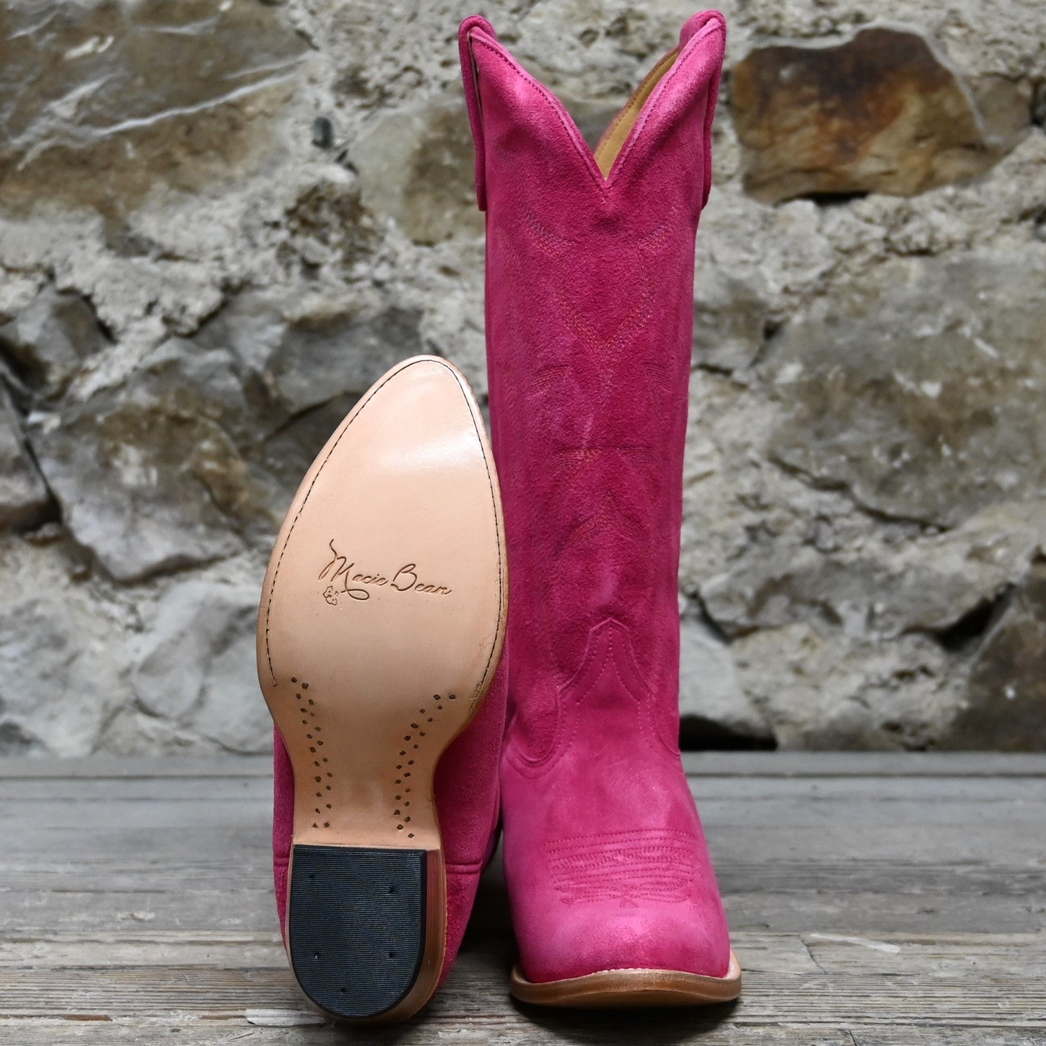 View of Macie Bean 15" hot pink suede boot with almond toe and Citygirl heel