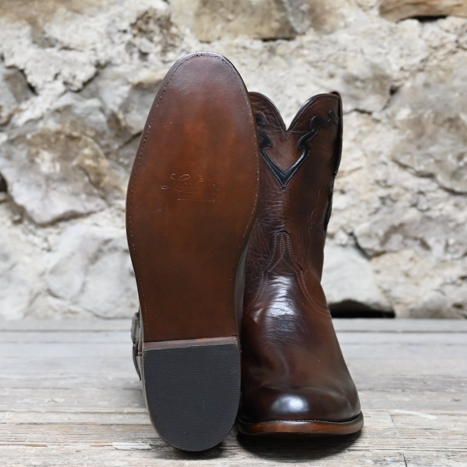 Lucchese men’s 10-inch Buffalo leather boot in burnished whiskey with roper heel