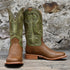 View of Hyer CODELL OLIVE 13" boots showcasing Olive Bravo Goat leather upper and Clay Oilbuck Cowhide vamp with broad square toe and Stockman block heel