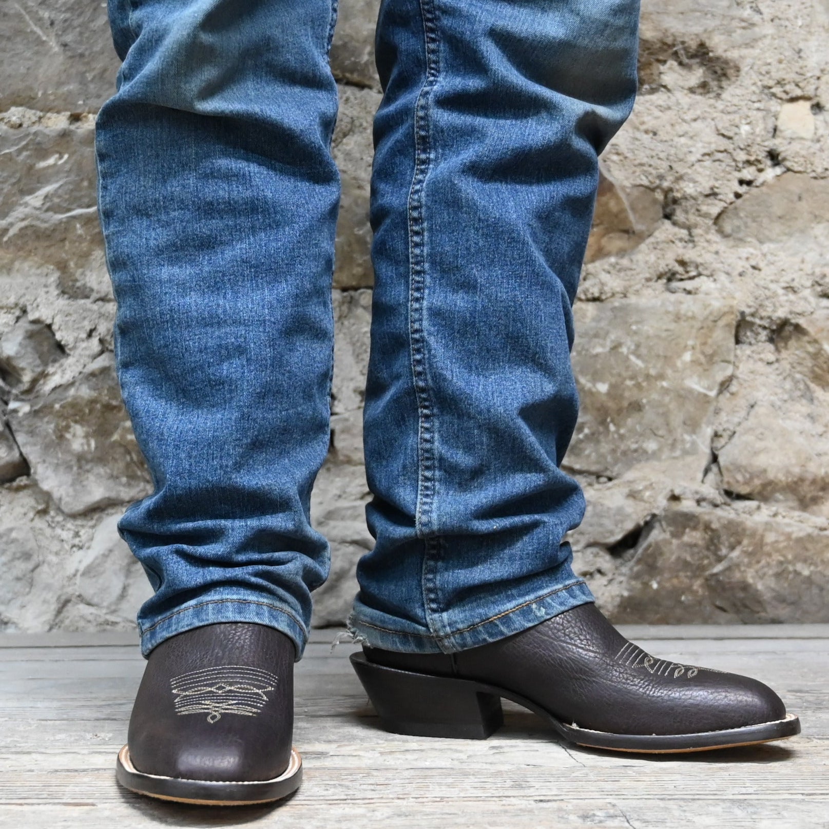 View of Hondo 13" cowboy boot with forest green top, cocoa pull up vamp, and tight French square toe