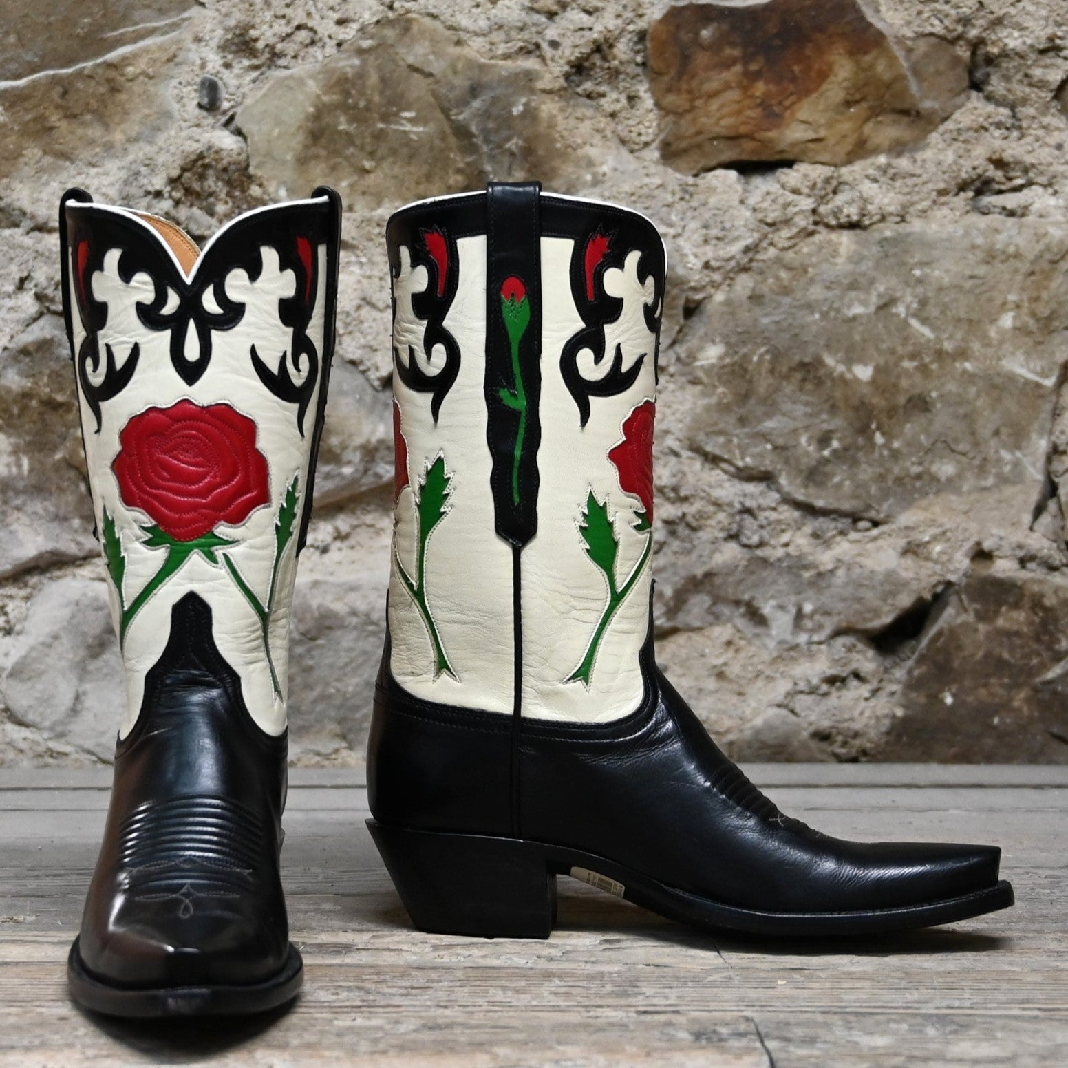 View of Lucchese ladies 13″ boot in black and wheat with red rose inlay and vintage collar