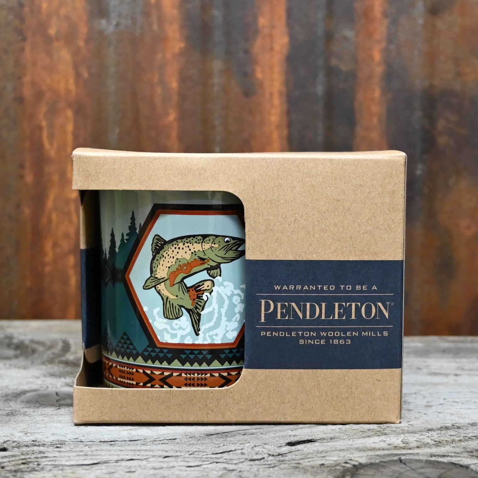 Pendleton Salmon Falls ceramic coffee mug with blanket-inspired geometric pattern, 18-oz capacity