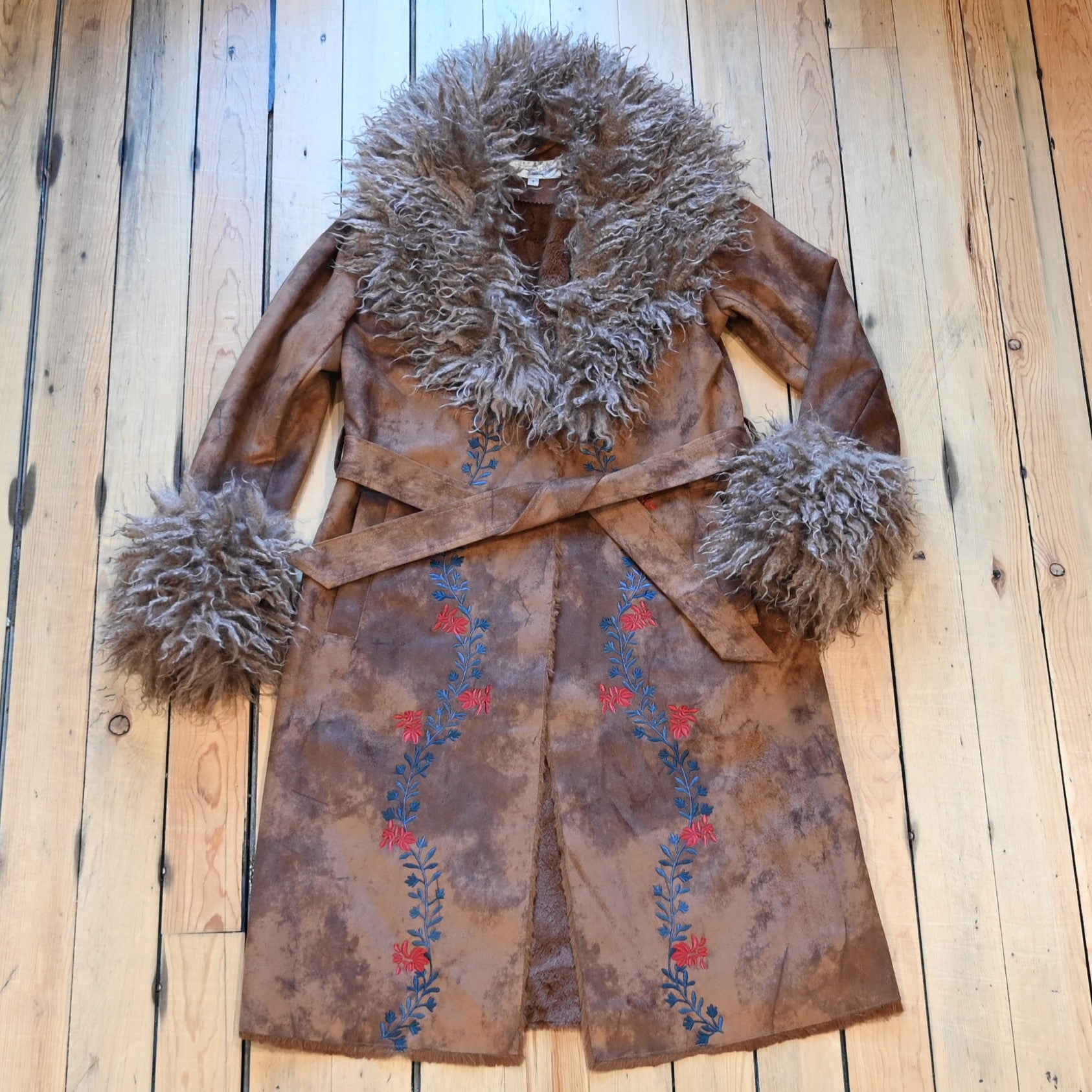 Tasha Polizzi Arlie Jacket in cinnamon faux suede with floral embroidery, faux shearling lining, and removable faux fur trim on sleeves and collar