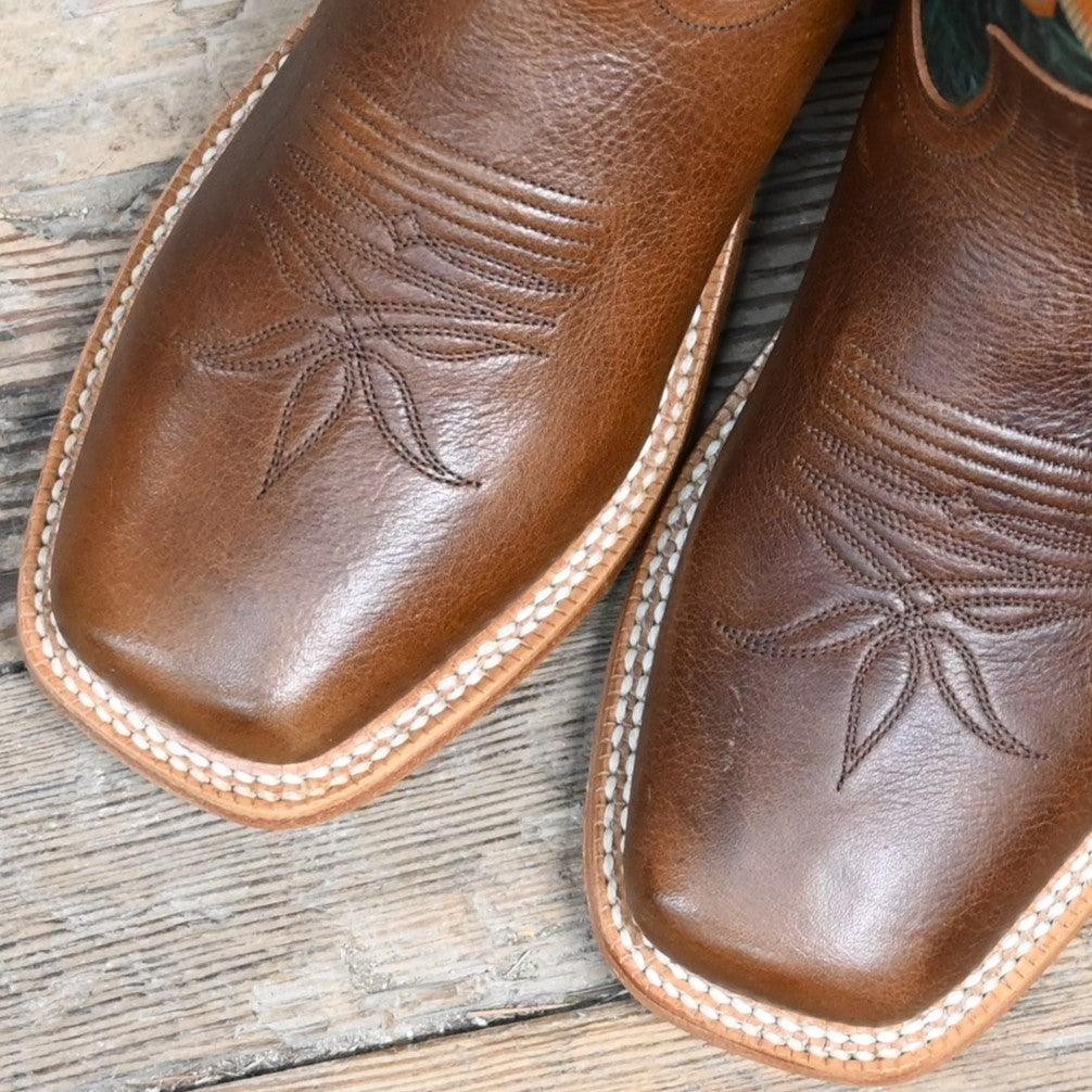 View of Hyer EASTON 11" boots showcasing brown cowhide leather vamp and green vintage cowhide top with broad square toe and Stockman block heel