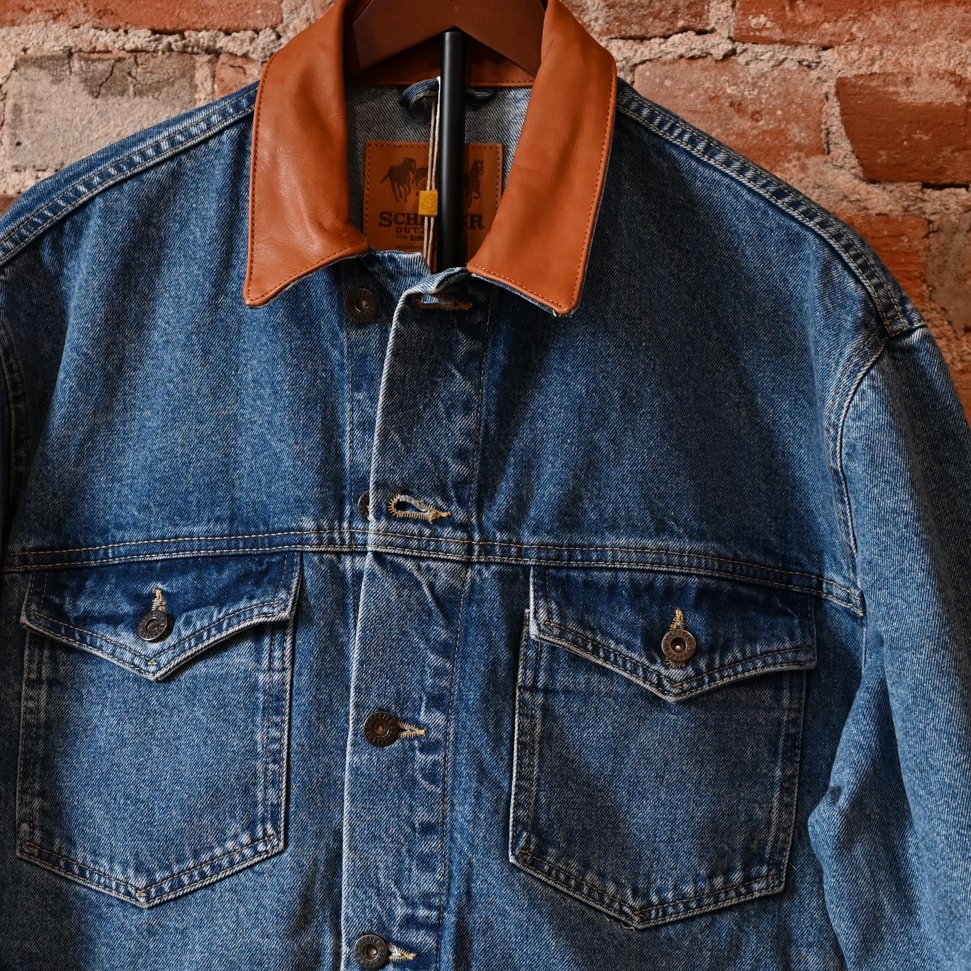 Schaefer Legend medium indigo denim jacket with leather collar and Western yoke