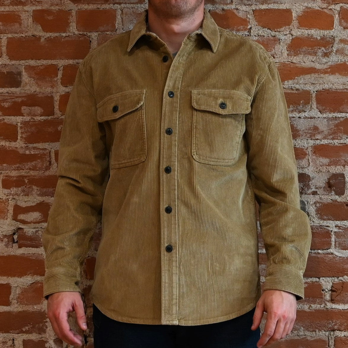 View of Pendleton men’s khaki corduroy overshirt with chest pockets and chamois trim