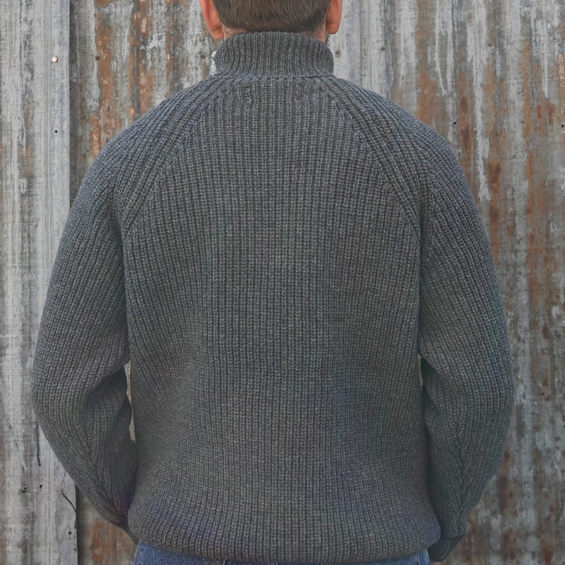 View of Filson Bristol Roll Neck Sweater in Heather Grey featuring vertical fisherman&