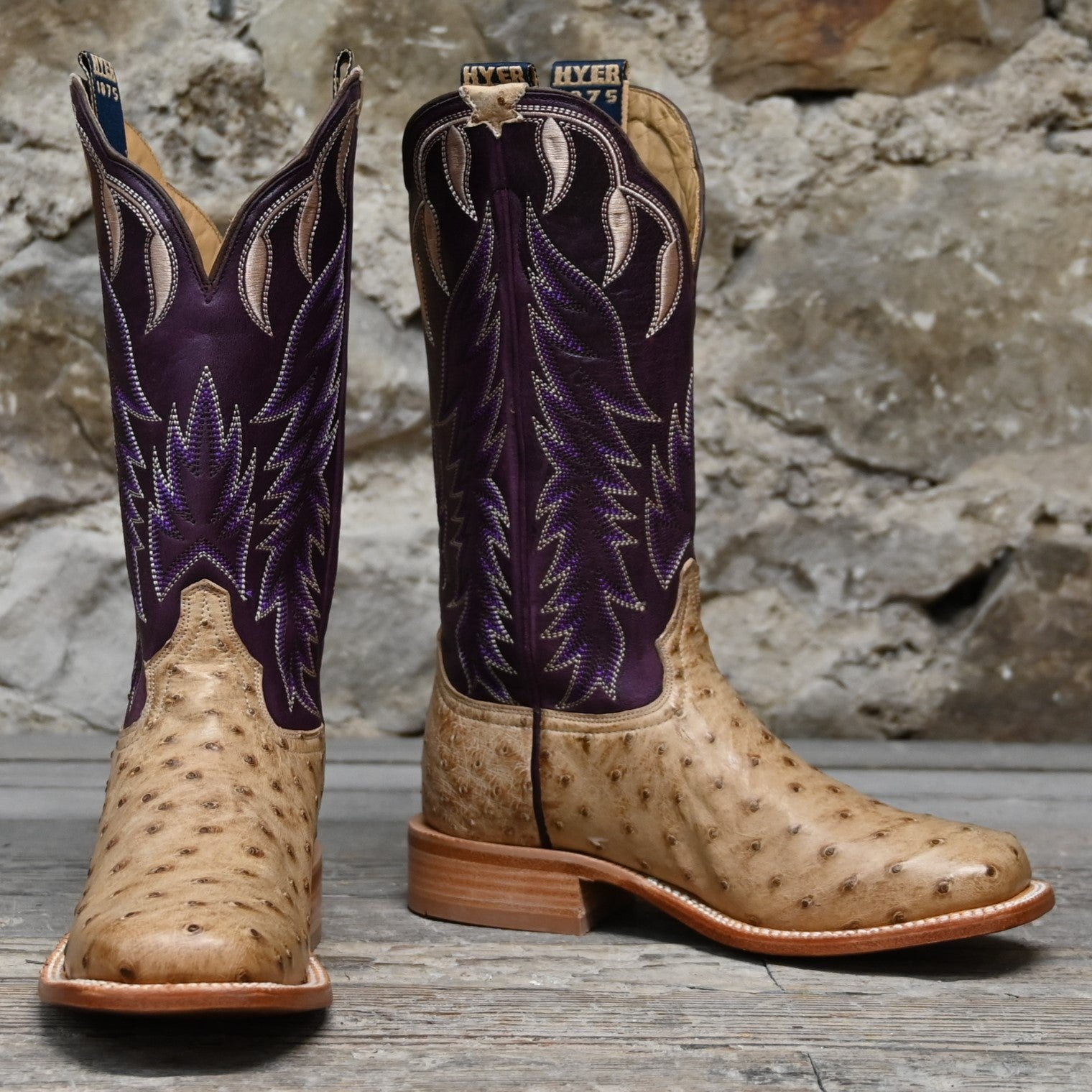 Hyer HARPER 13" boots showcasing tan full-quill waxy ostrich vamp and eggplant vintage goat upper with broad square toe and Stockman block heel