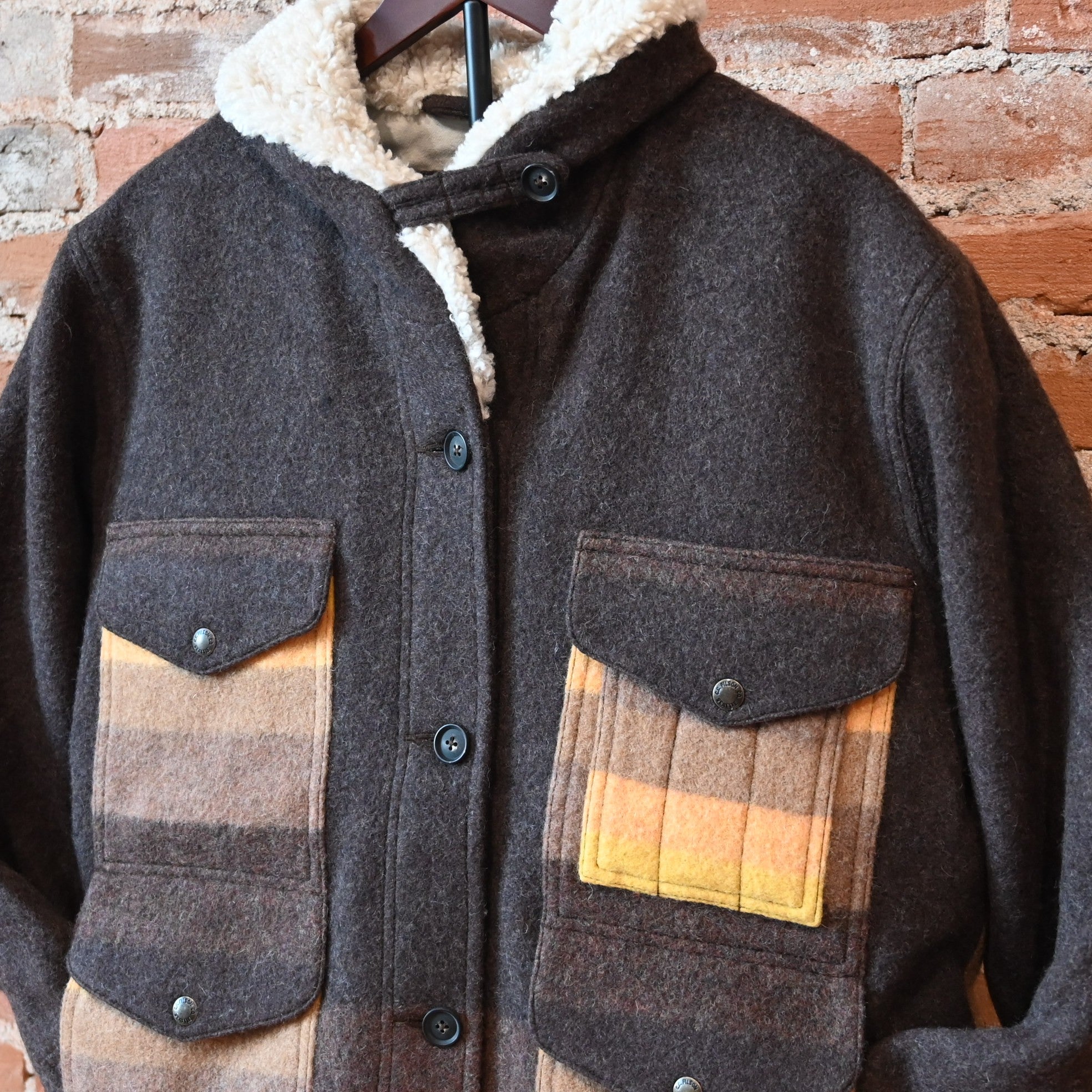 Filson Ladies Kodiak Shawl Collar Coat in Brown and Yellow Stripe with fleece-lined collar and cargo pockets