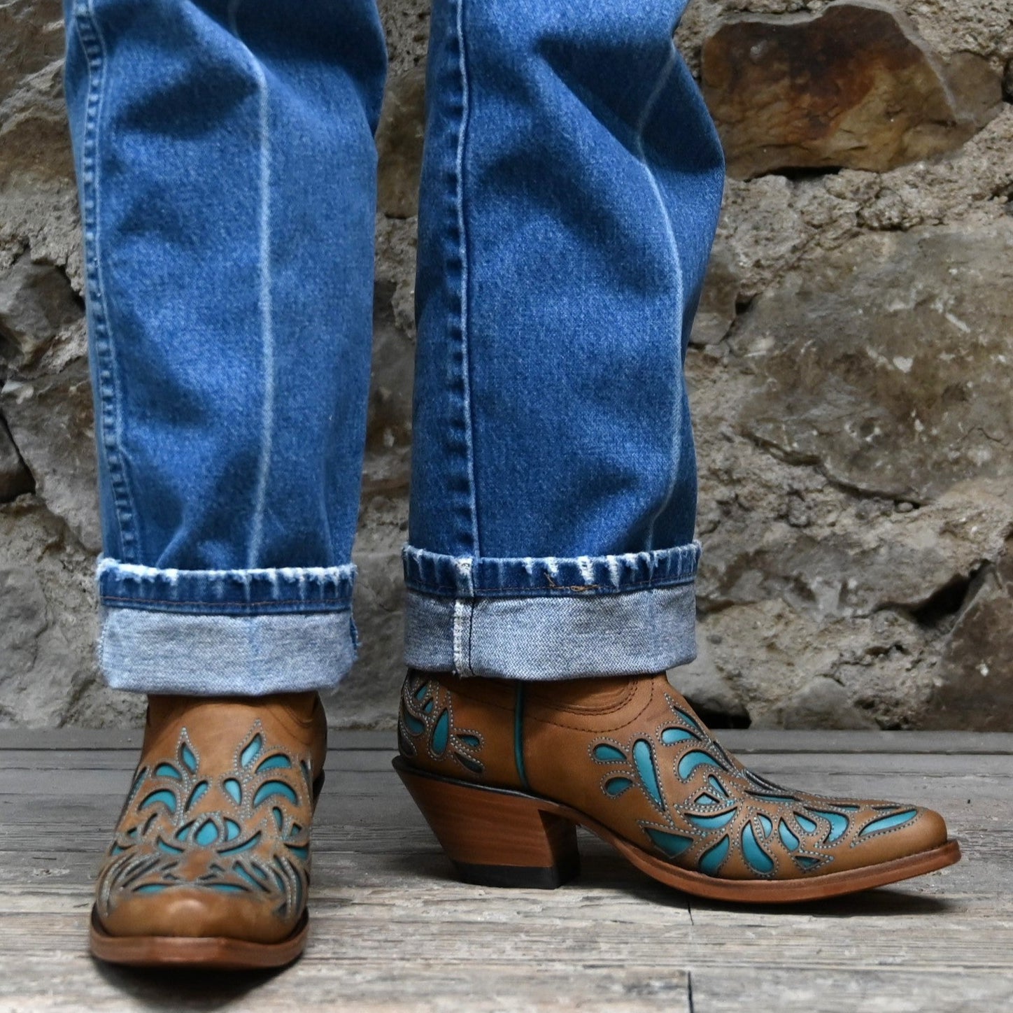 View of Hondo 13" cowboy boot in brown goat with turquoise inlays and tight snip toe