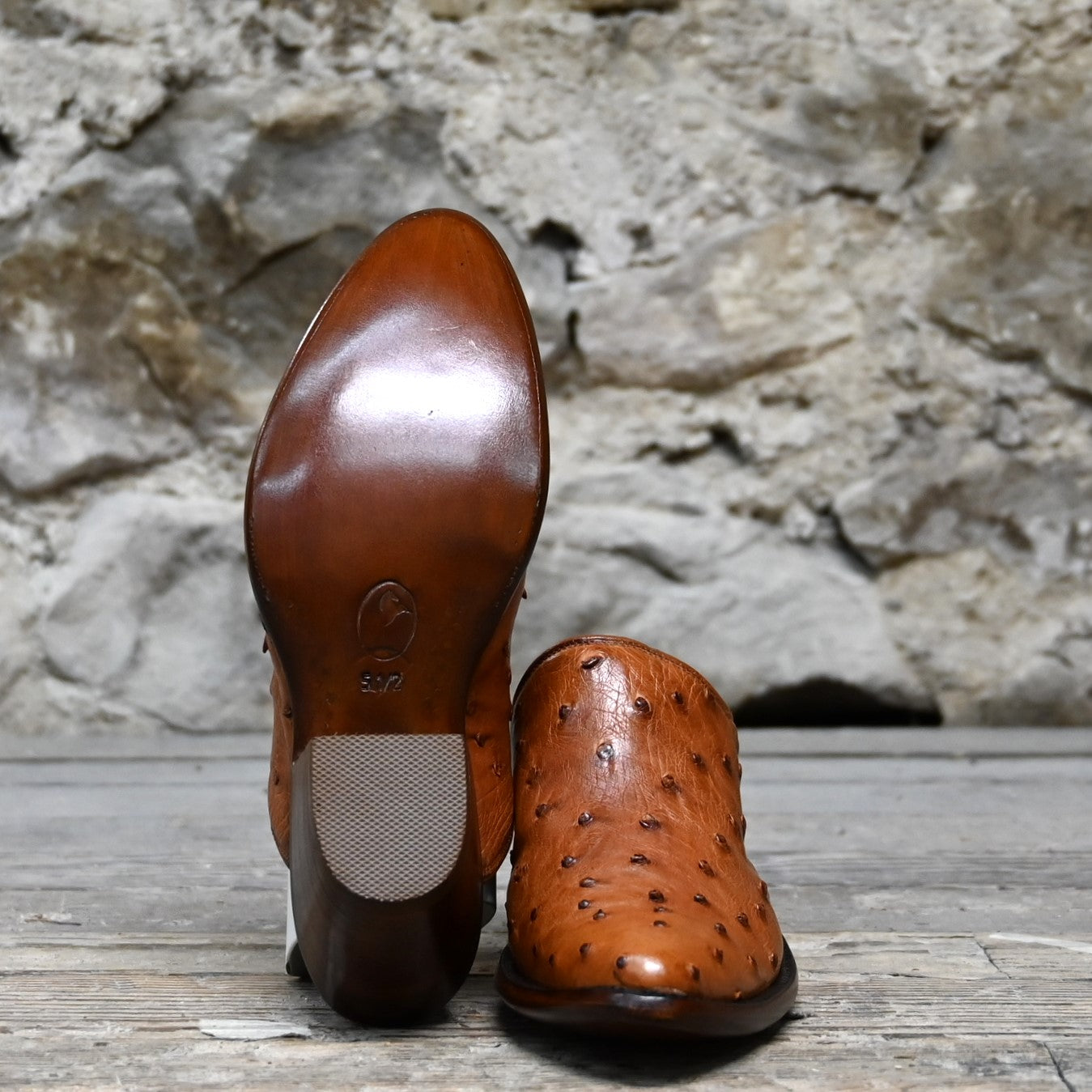 Stallion Ladies Mule Slider – Cognac Full Quill Ostrich with Round Toe & 2" Heel