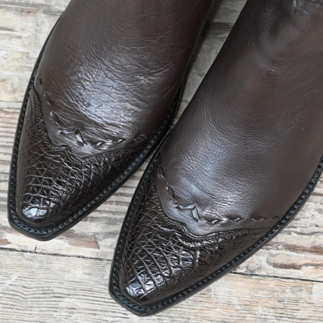 View of Stallion Ladies Zorro zip boot in chocolate calf with alligator wingtip and buckstitching