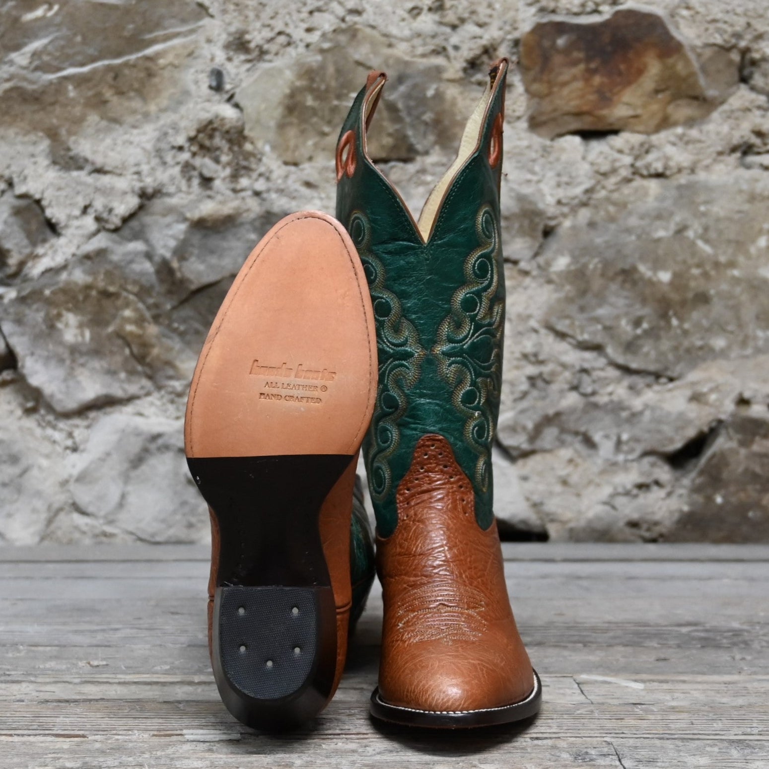 View of Hondo 14" cowboy boot with green volcano top, habana shoulder vamp, and tight round toe