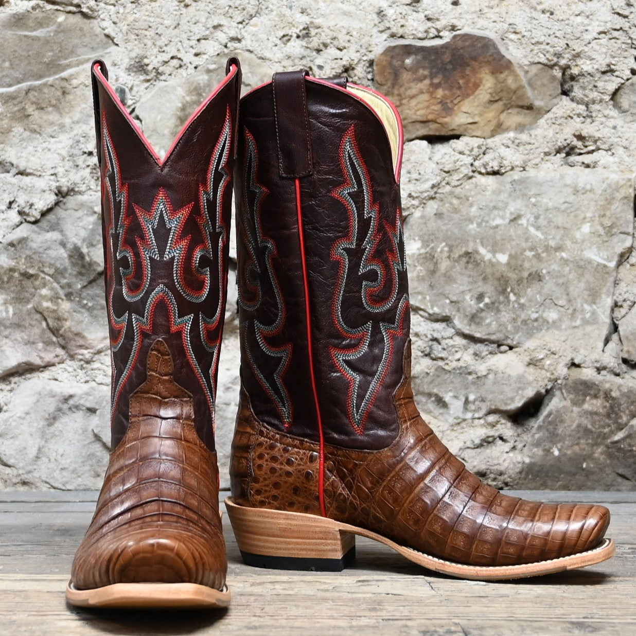 View of Horse Power 13" boot with black caiman belly vamp, black glove top, cutter toe, and pull straps