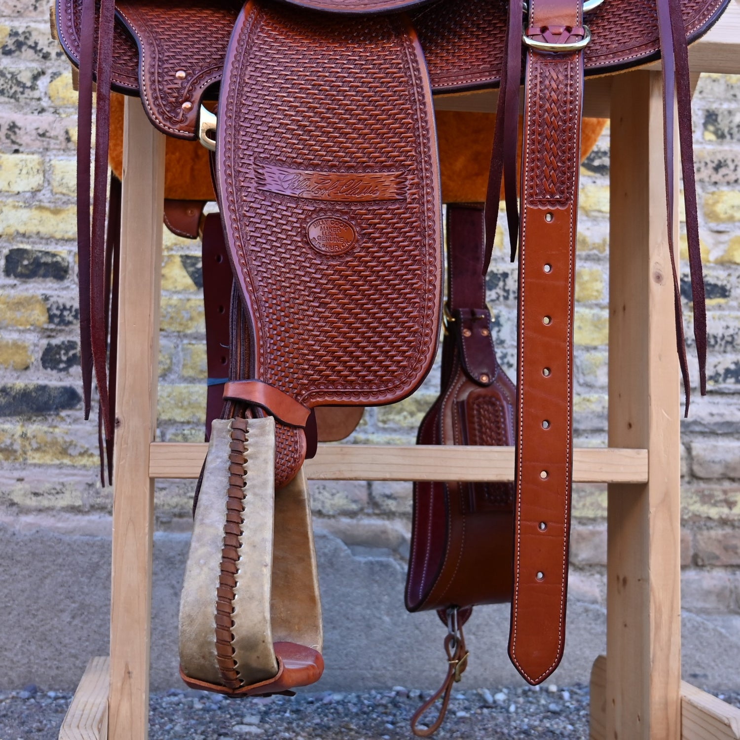View of Billy Cook 15½" High Country Rancher Saddle in Chestnut with hand-stamped basket tooling