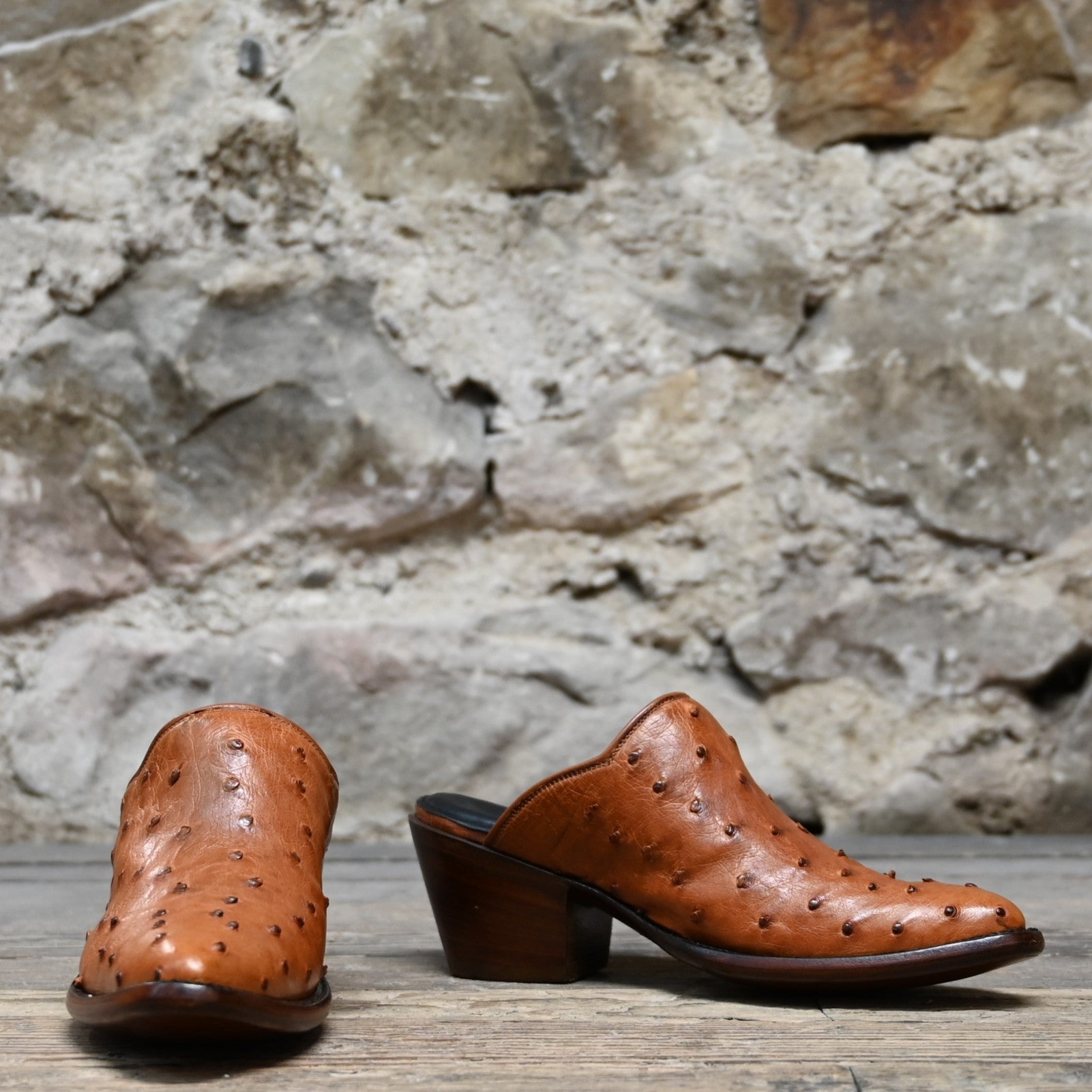 Stallion Ladies Mule Slider – Cognac Full Quill Ostrich with Round Toe & 2" Heel