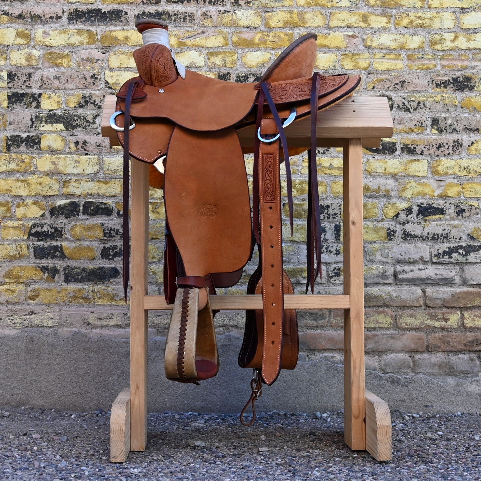 View of Billy Cook 15" Arbuckle Rancher Saddle with WSO and inverted floral tooling