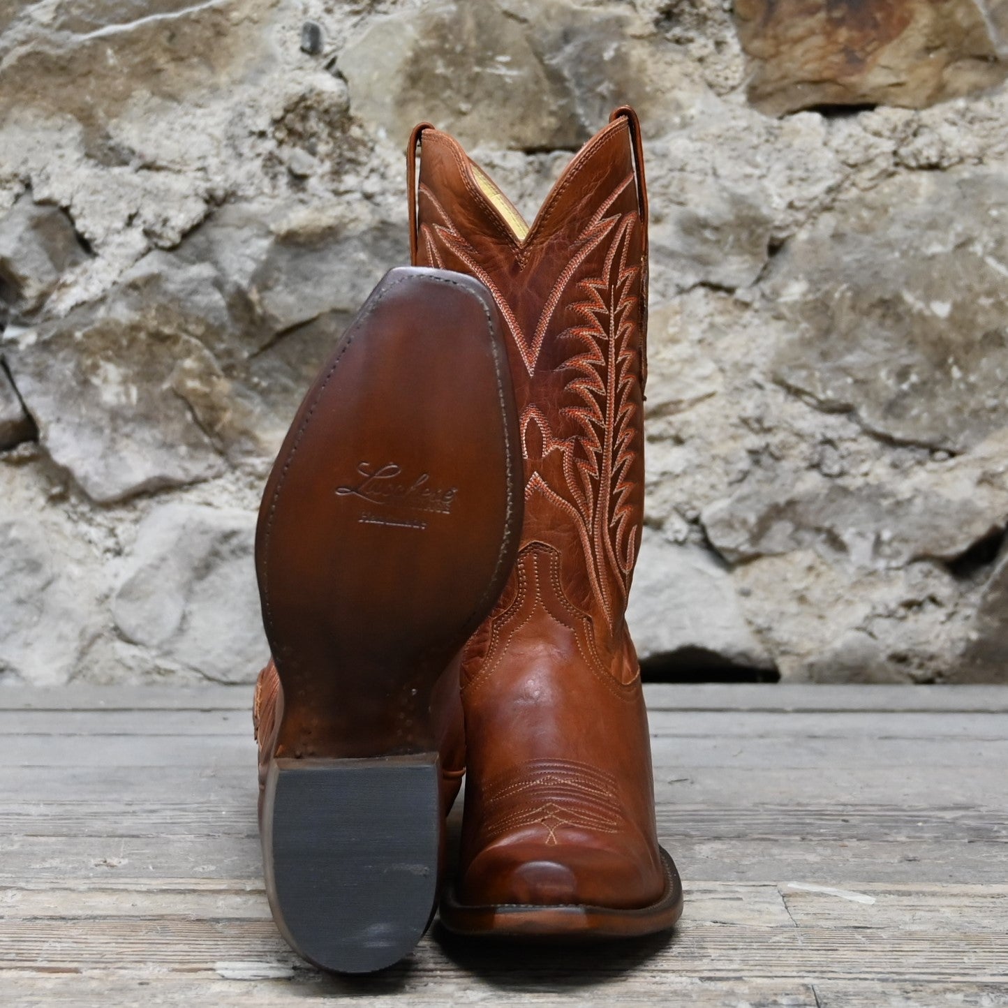 Lucchese Men’s 13-inch calf leather boot in burnished cognac with square toe and tall shaft