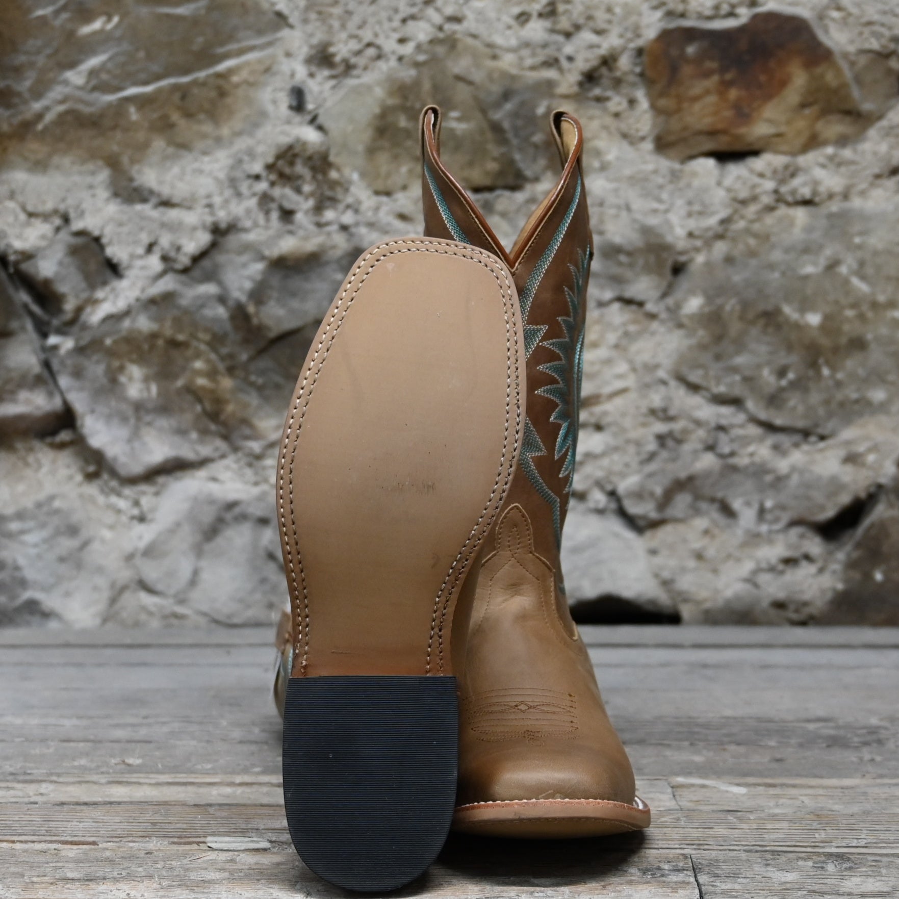 View of Macie Bean 13″ “A Perfect Tan” boot in tan leather with almond toe and City Girl heel