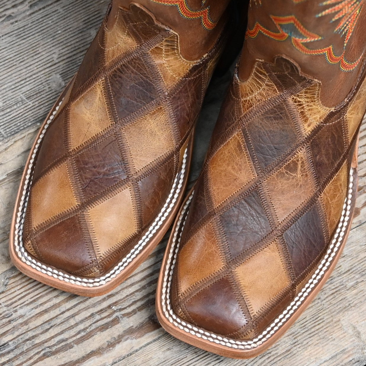 View of Horse Power 13" boot with Crazy Train patchwork vamp, honey top, square toe, and pull straps