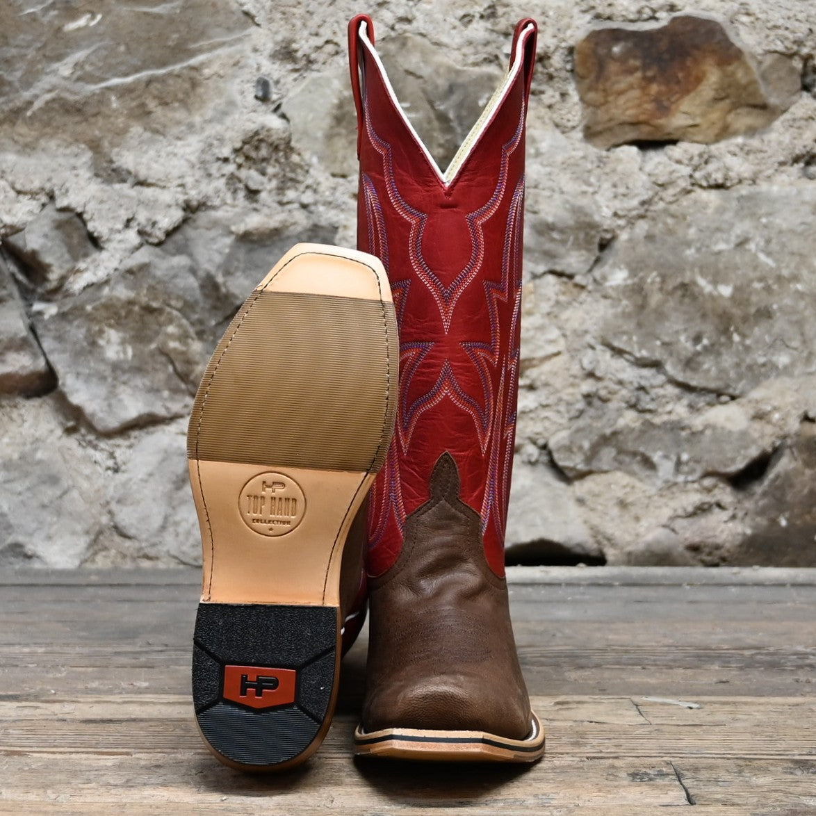 Horse Power 15-inch boot with Scarlet Fargo top and Canela Olson vamp, cutter toe, and cowboy heel