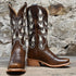 View of Hyer ROZEL 13" boots showcasing walnut cowhide vamp and top with cream cowhide underlay design, Cutter toe, and leather stacked heel