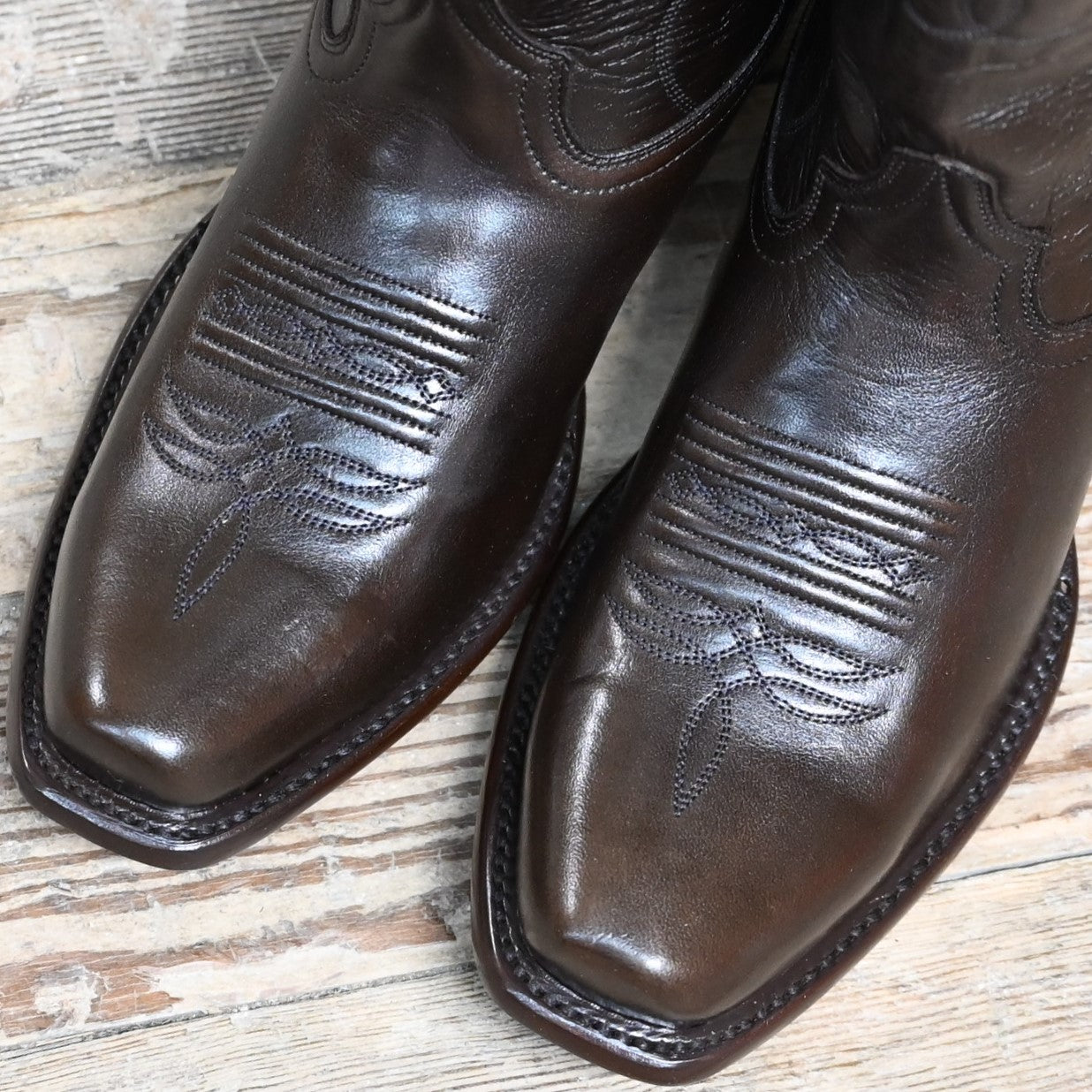 View of Hyer ABBYVILLE 16" boots in Brown Top with Brown Vamp featuring Wisteria stitch pattern and leather pull straps