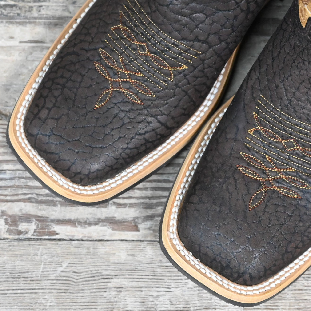 View of Hondo 13" cowboy boot with oryx crater top, sand nubuck bullhide vamp, and wide square toe
