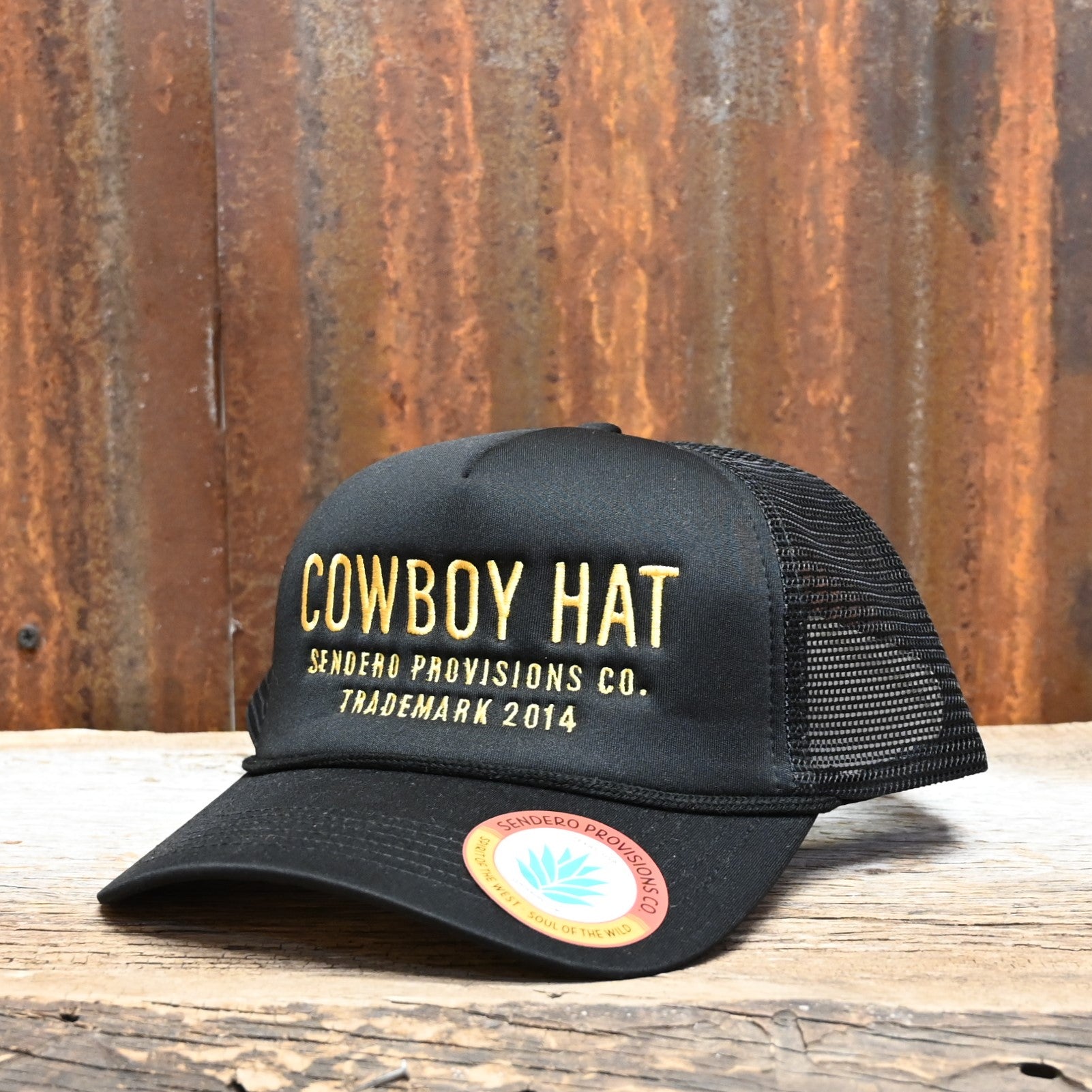 View of Sendero “Cowboy Hat” Hat in black with gold embroidery and braided rope detail