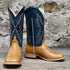 View of Horse Power 13" boot with blue glove top, antique saddle ostrich vamp, square toe, and pull straps