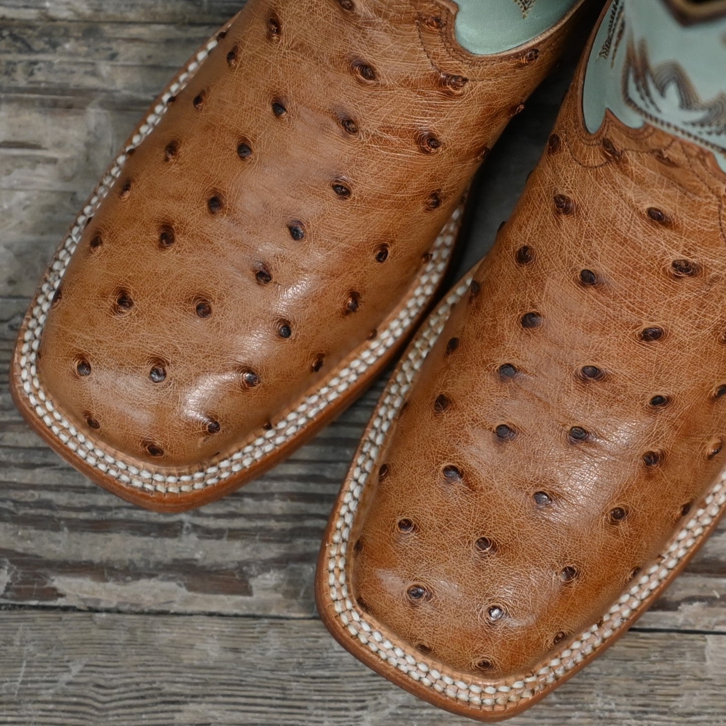 View of Hyer HARPER 13" boots showcasing Brandy full-quill waxy ostrich vamp and Robin&
