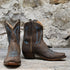 Rios of Mercedes ladies 8″ boot with chocolate-colored top, turquoise stitching, and cutter snip toe