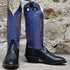 View of Hondo 16" cowboy boot with purple top, black retan vamp, pull holes, and medium round toe