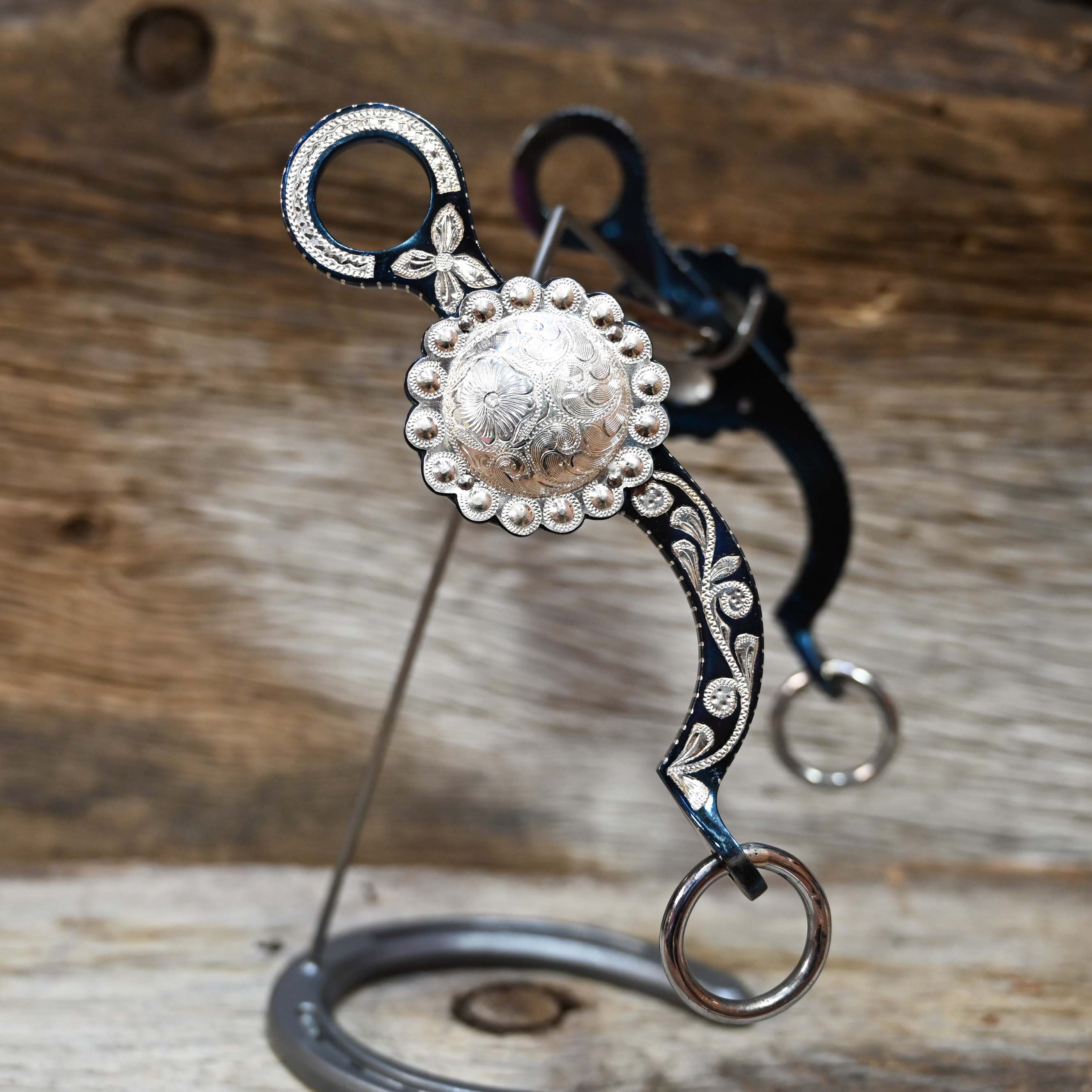 JT Silversmiths Argentine Snaffle Leaves and Concho with Berry Edge Silver Inlay-Blue