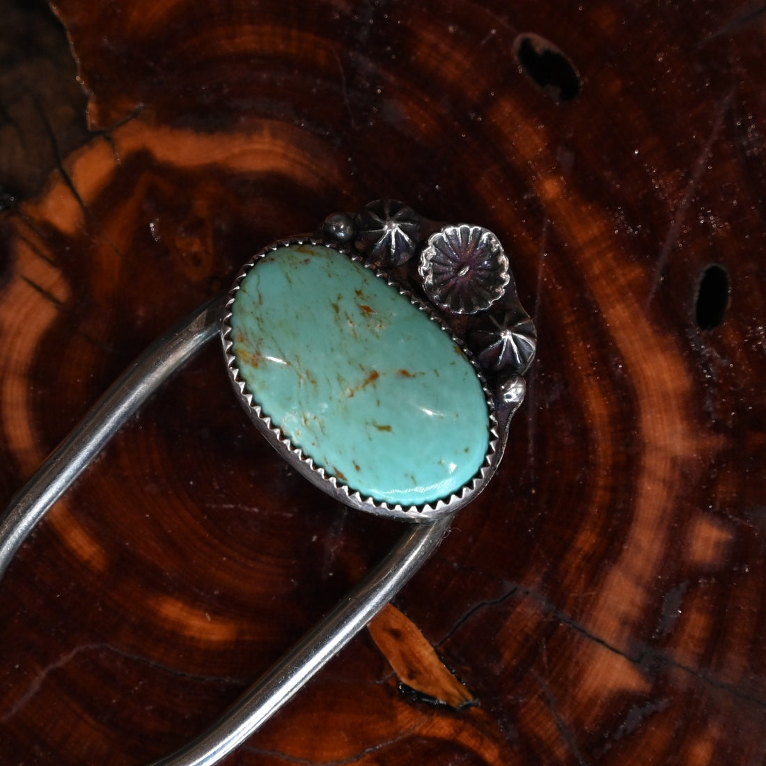 Calico Rose sterling and nickel silver hair fork with White Horse turquoise stone