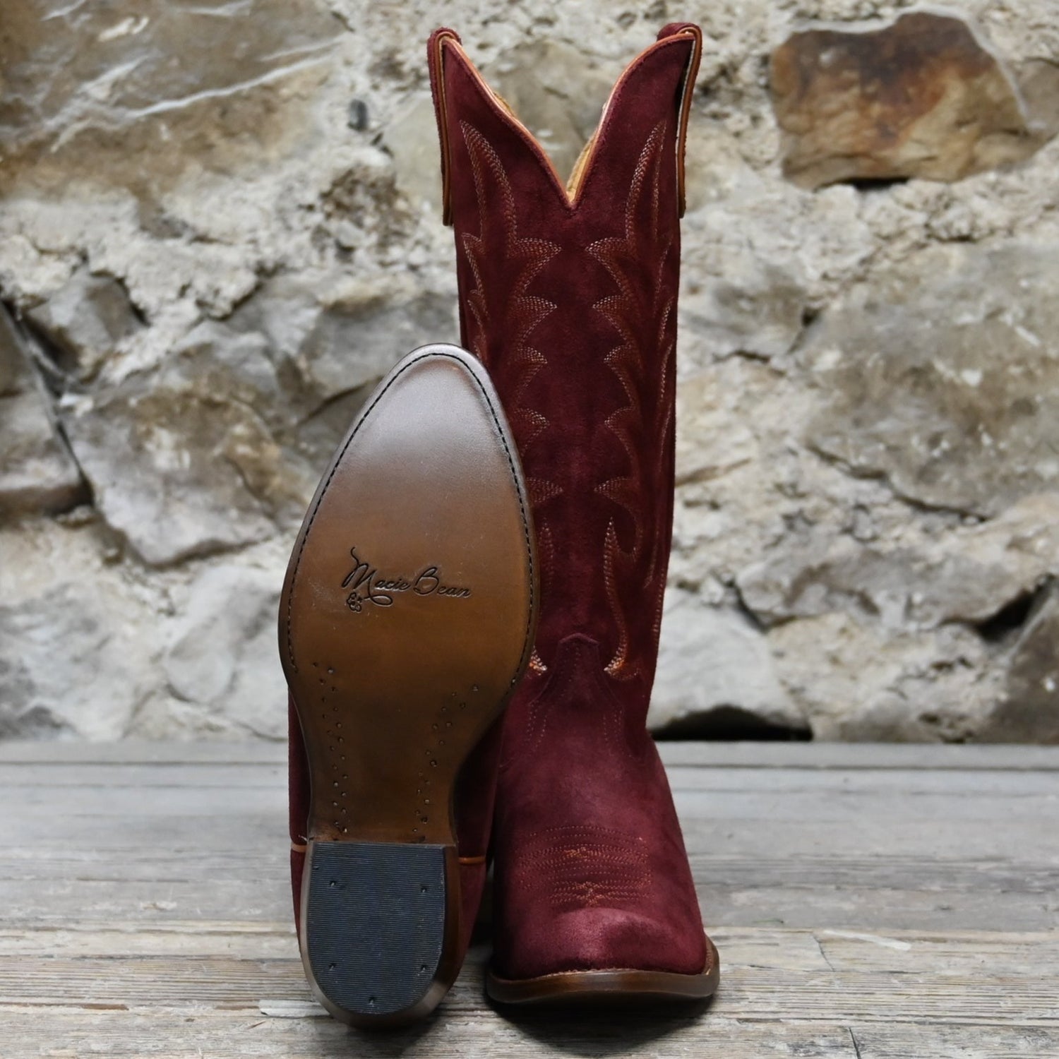 Macie Bean Cabernet Cowgirl Boots in Wine Suede view of bottom