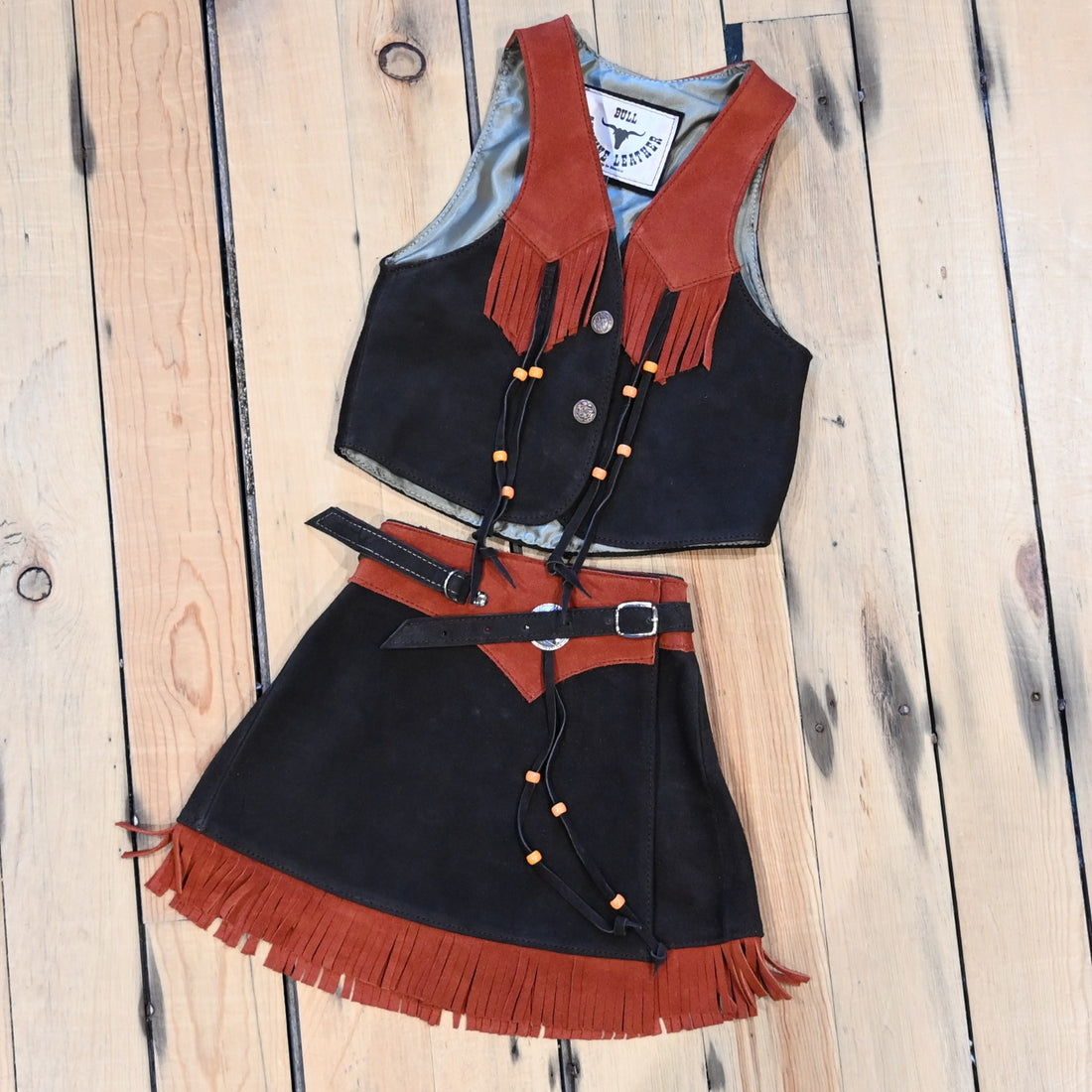 SouthBay cedar dark-brown rust leather girls skirt and vest set genuine leather youth Western