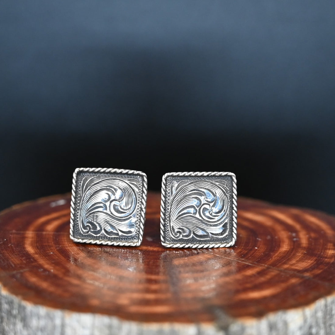 Hand Engraved Sterling Tux Studs view of cufflinks