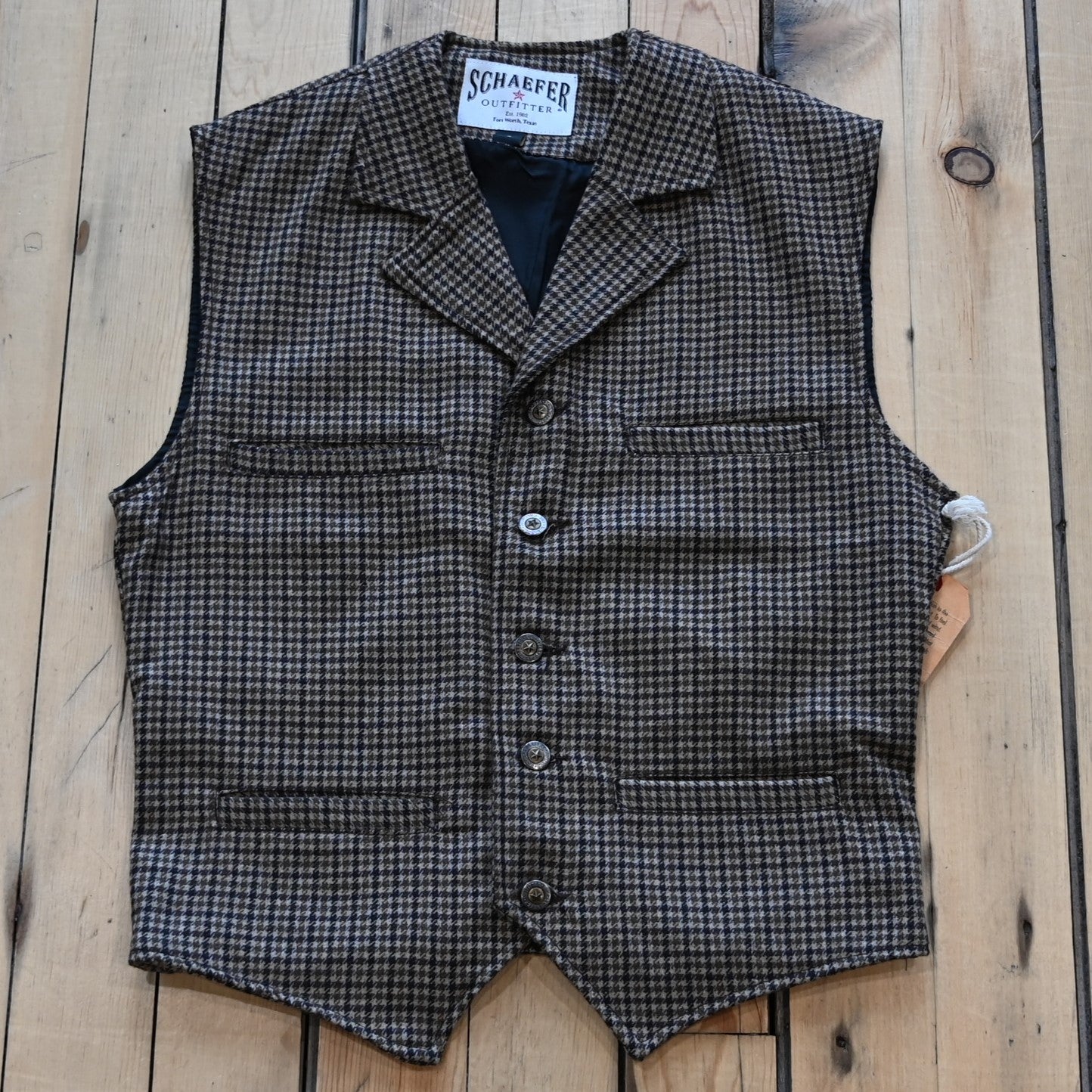 View of vest in gunclub houndstooth