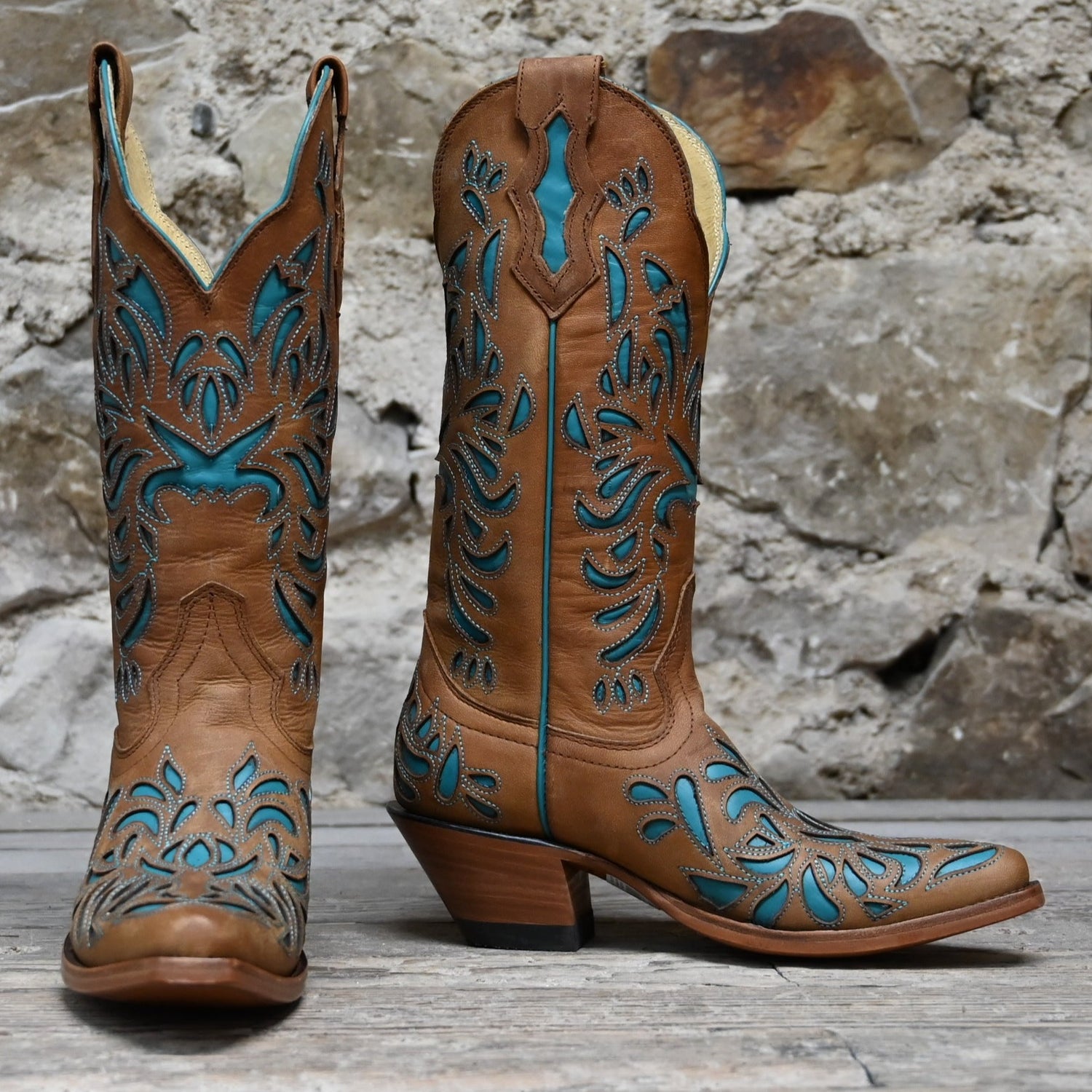 Hondo 13&quot; Brown Goat Top and Brown Goat Goat Vamp with Turquoise Inlays view of front and side
