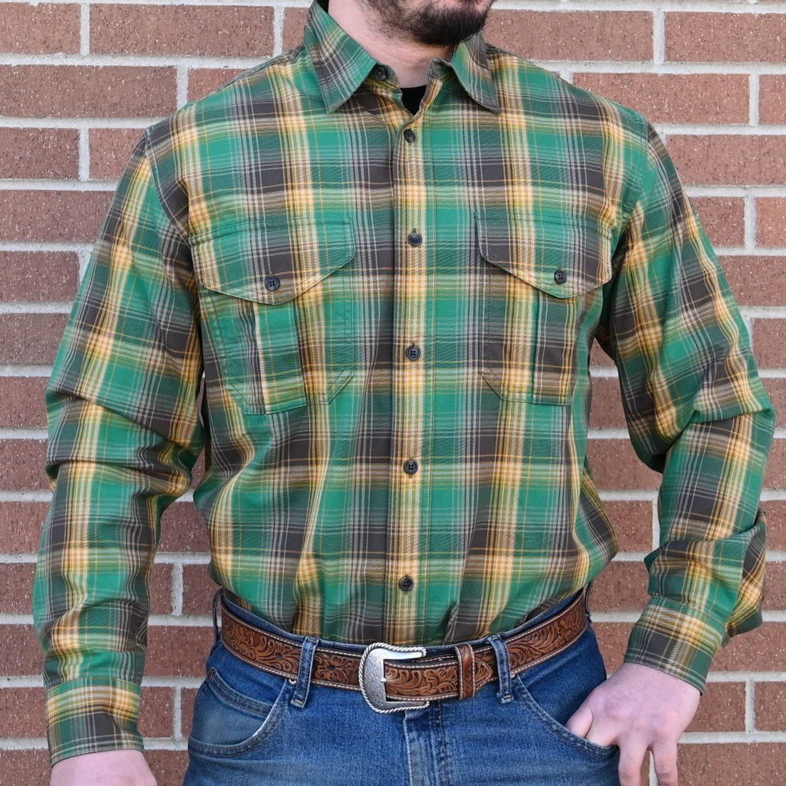 Filson Lt Wt Alaskan Guide Shirt in YlwGrnGr Plaid view of shirt