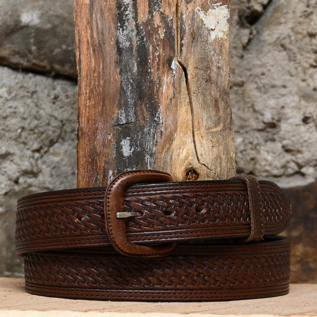 Straight Chocolate Basket Weave Belt view of belt and buckle